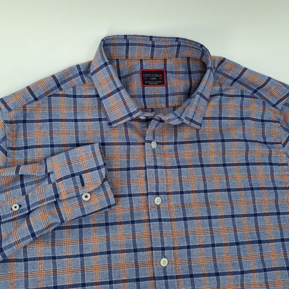 UNTUCKit Mens Large Blue Orange Plaid Long Sleeve Stretch Button Down Shirt